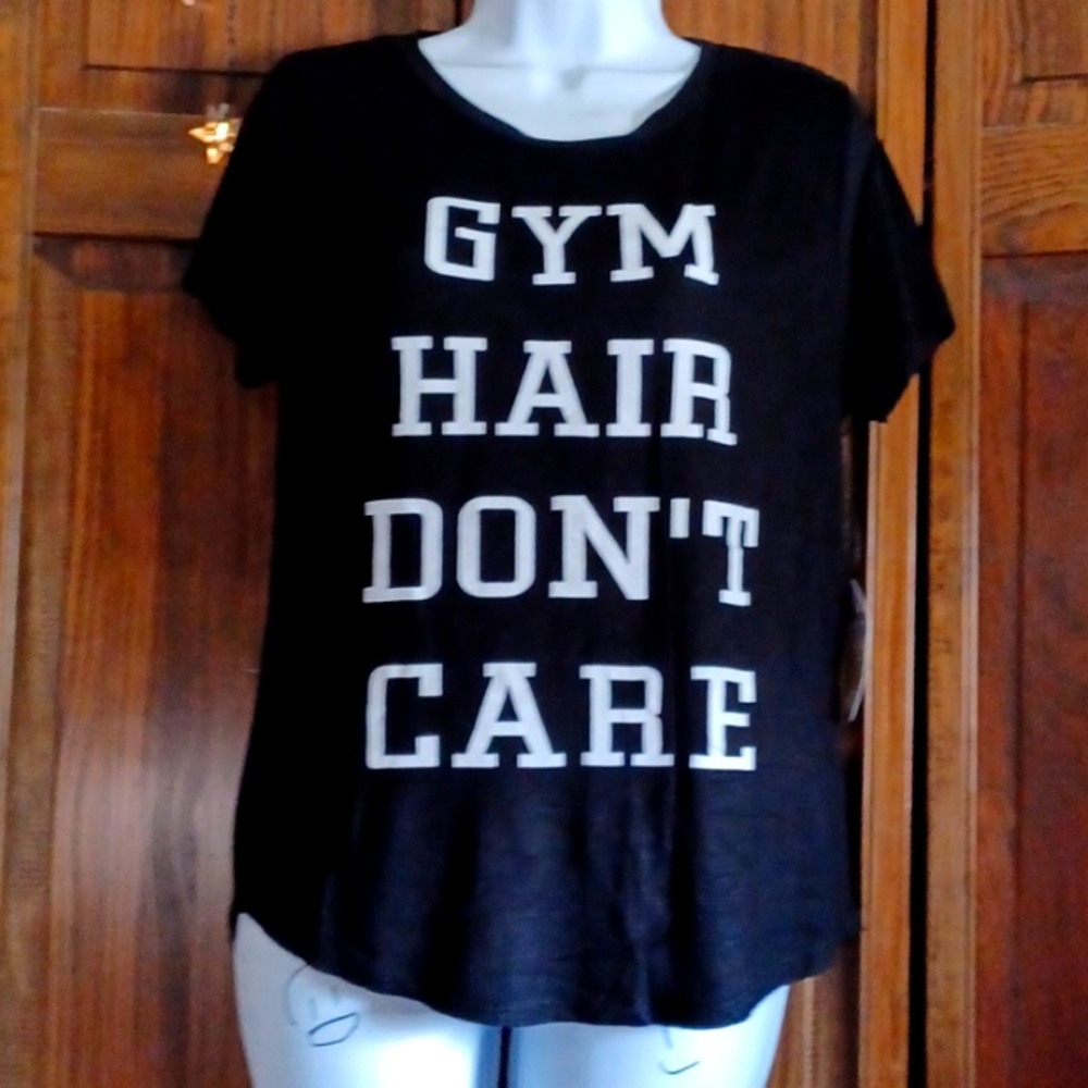 NWOT Emme Jordan "Gym Hair Don't Care" Womens XL Black tee